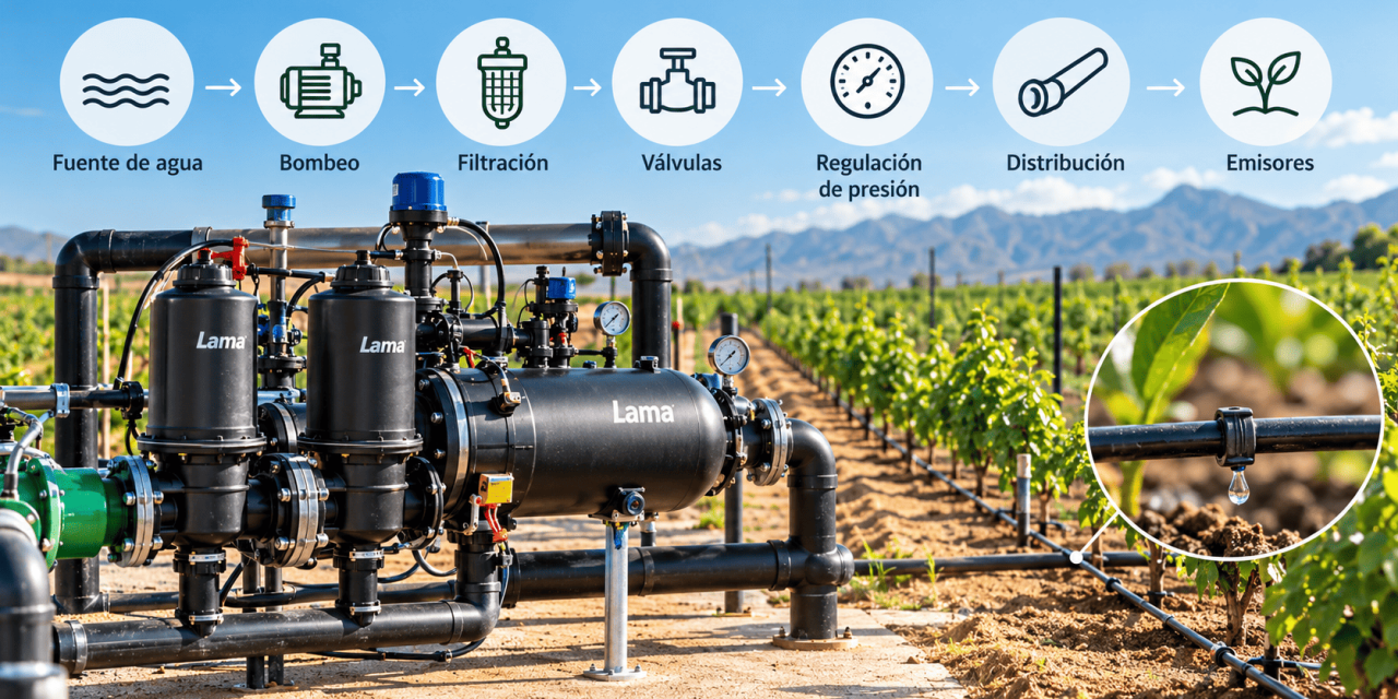 Componentes básicos de un sistema de riego agrícola